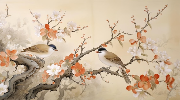 A painting of a bird on a branch with red flowers