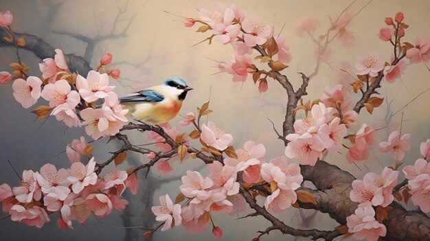 A painting of a bird on a branch with red flowers