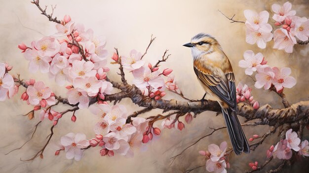 A painting of a bird on a branch with red flowers