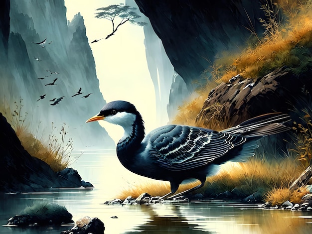 A painting of a bird by a mountain stream