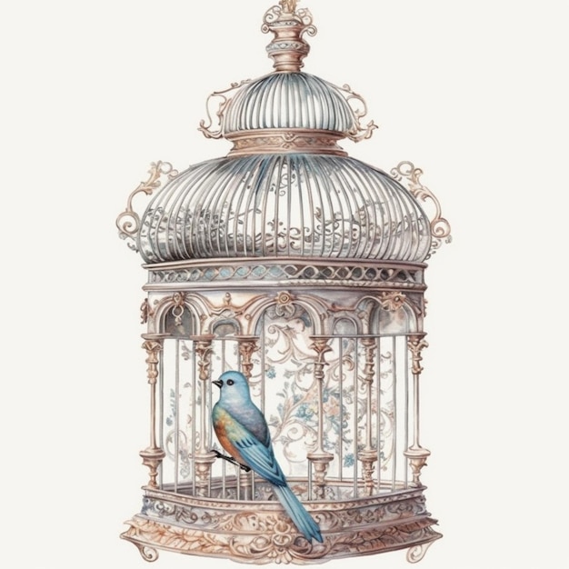 Photo a painting of a bird in a cage with a white background generative ai