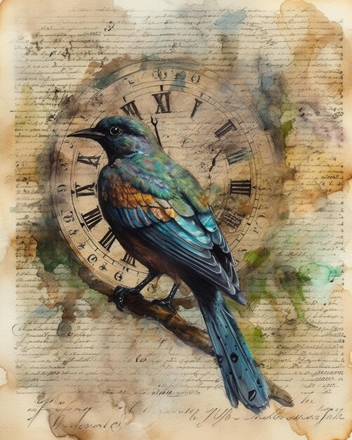 A painting of a bird on a clock