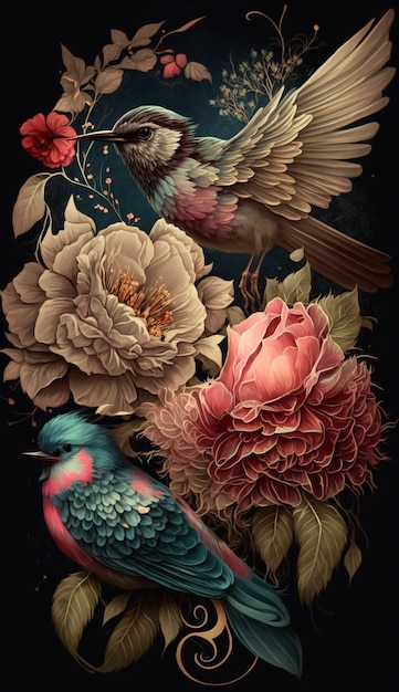 A painting of a bird and a flower