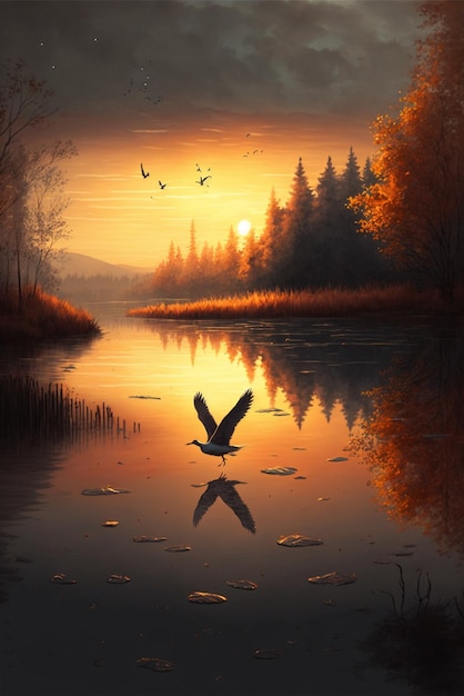 Painting of a bird flying over a body of water generative ai