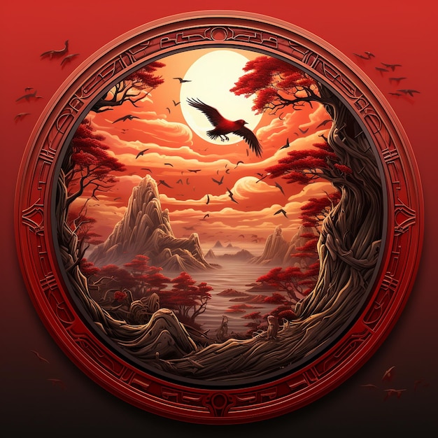 a painting of a bird flying over a lake with a red background.