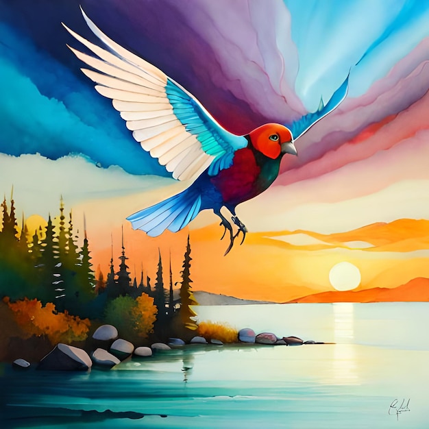 A painting of a bird flying over a lake with the sun setting behind it.