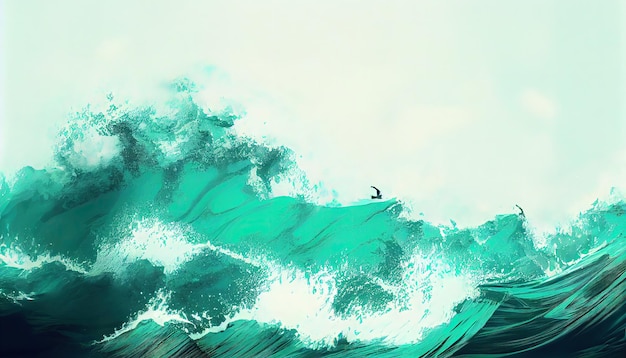 A painting of a bird flying over a large wave generative AI