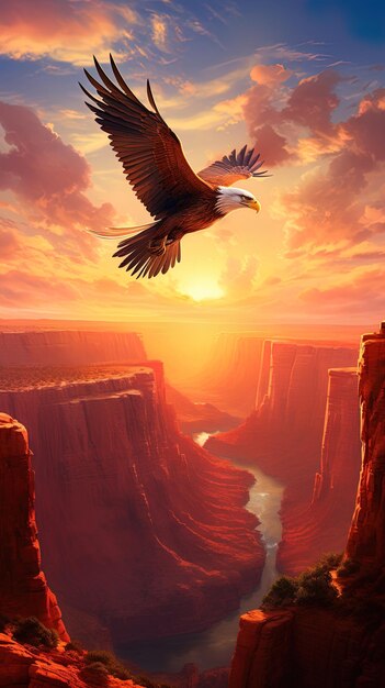 Photo a painting of a bird flying over a river with a sunset in the background