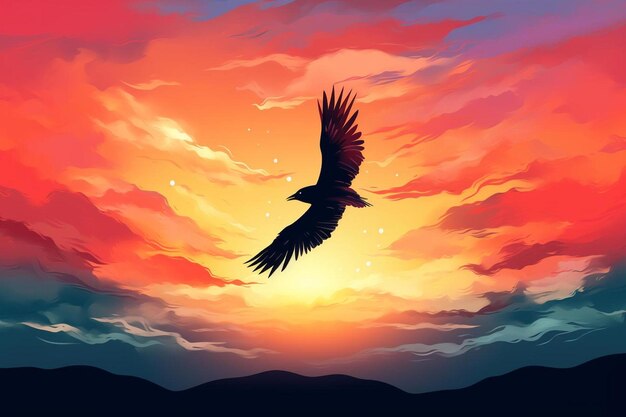 Photo a painting of a bird flying in the sky with a sunset in the background