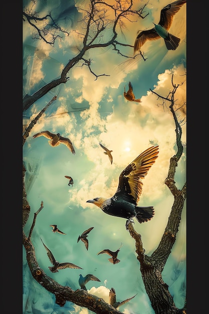 Foto un dipinto di un uccello che vola nel cielo con le parole uccelli su di esso