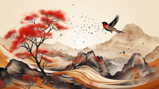 a painting of a bird flying over a tree and mountains