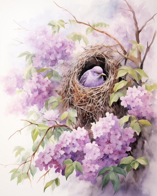 Photo painting of a bird nest with a bird sitting in it generative ai