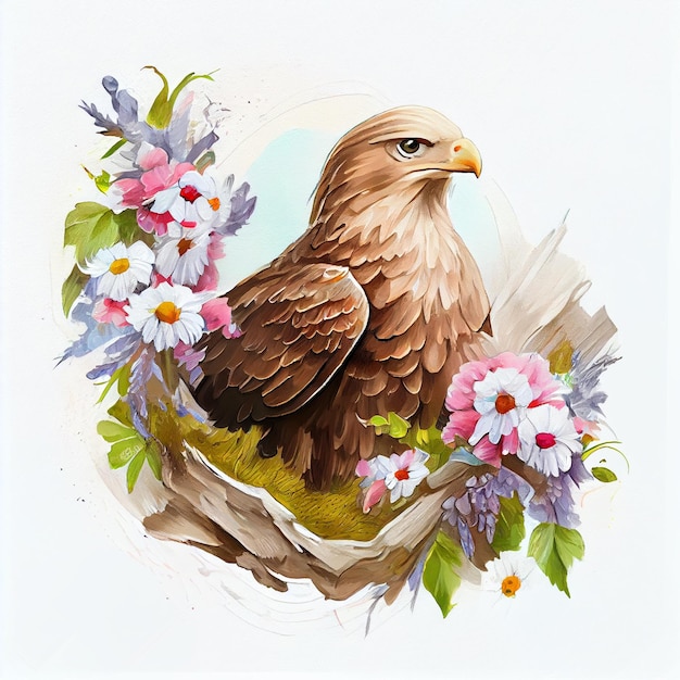 A painting of a bird in a nest with flowers and a bird in it.