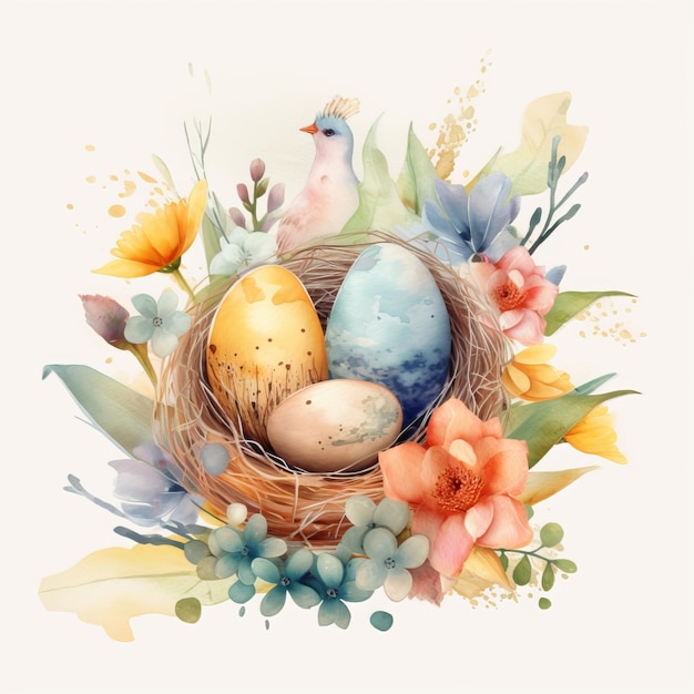 A painting of a bird in a nest with flowers and eggs.