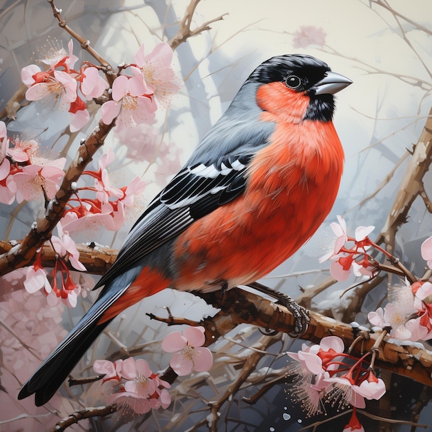 Картина птицы, сидящей на ветке дерева, с розовыми цветами, генеративный ai