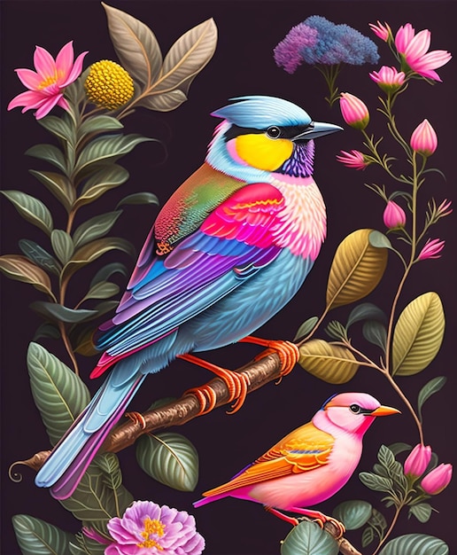 A painting of a bird and a pink flower.