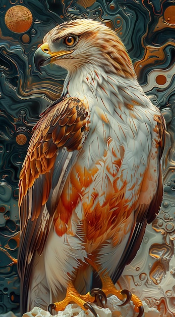 painting of a bird of prey with a red and white body and orange feathers generative ai