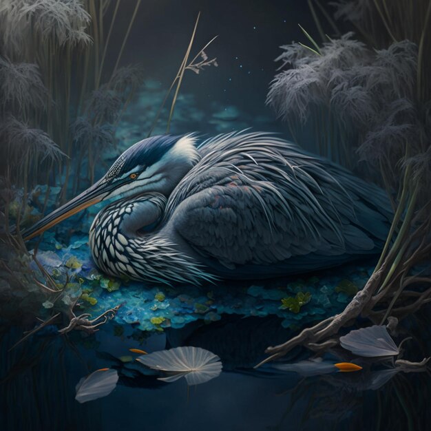 painting of a bird resting on a pond with water lilies generative ai