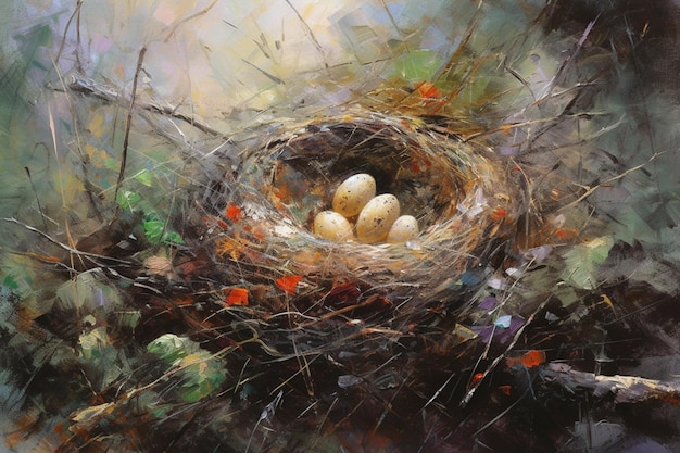 A painting of a bird's nest with eggs.