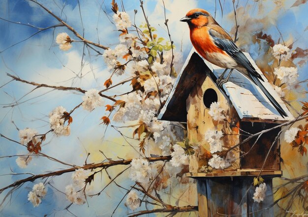 Painting of a bird sitting on a birdhouse with a tree in the background generative ai