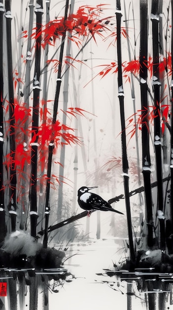 Картина с изображением птицы, сидящей на ветке в лесу, генерируемое искусственным интеллектом.