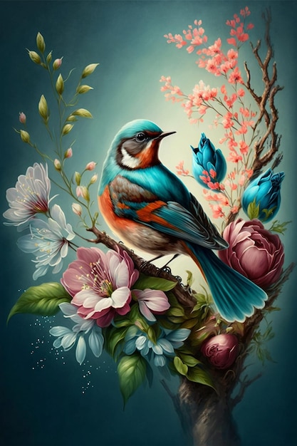 Painting of a bird sitting on a branch of a tree generative ai