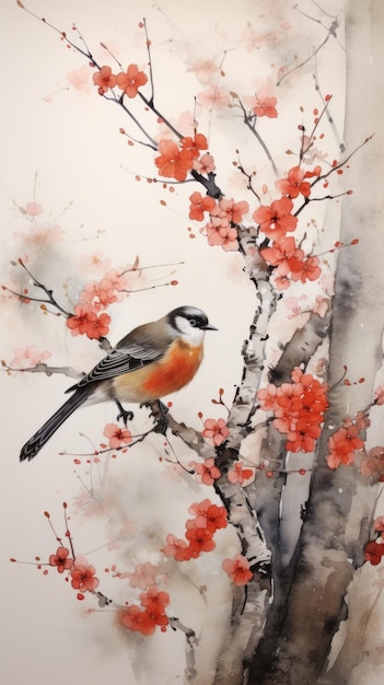 A painting of a bird sitting on a branch of a tree