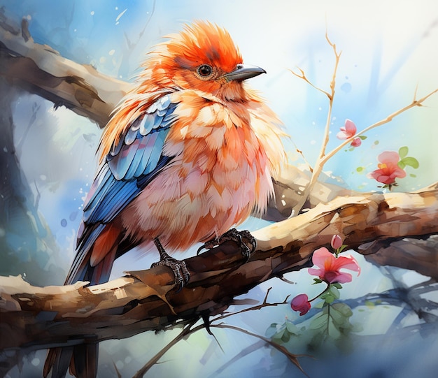 枝の上に座っている鳥の絵 背景に花が描かれている