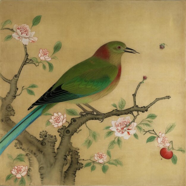 Painting of a bird sitting on a branch with flowers and a butterfly generative ai