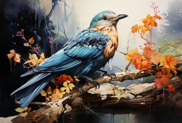 painting of a bird sitting on a branch with leaves and water generative ai