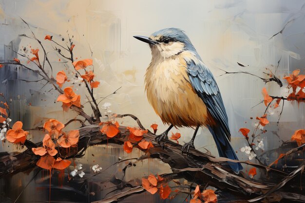 painting of a bird sitting on a branch with orange flowers generative ai