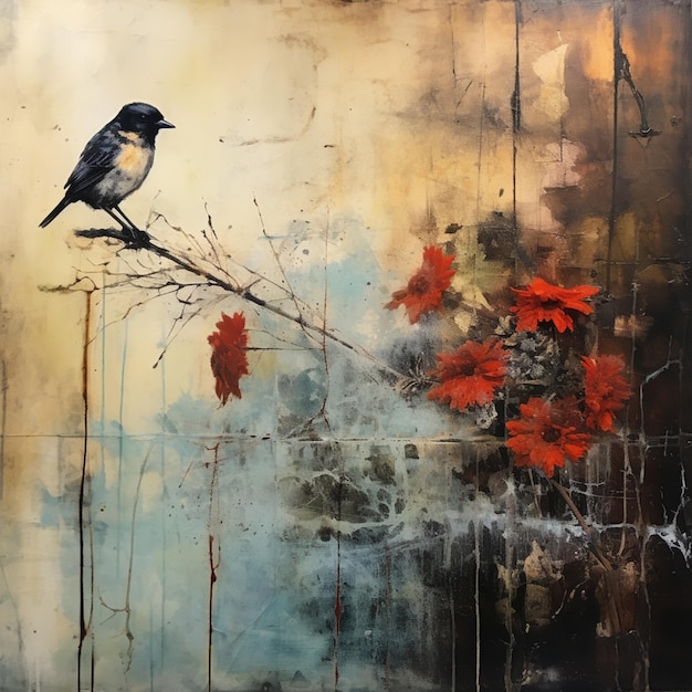 painting of a bird sitting on a branch with red flowers generative ai