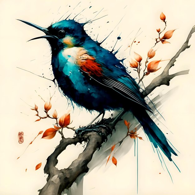 a painting of a bird sitting on a tree branch