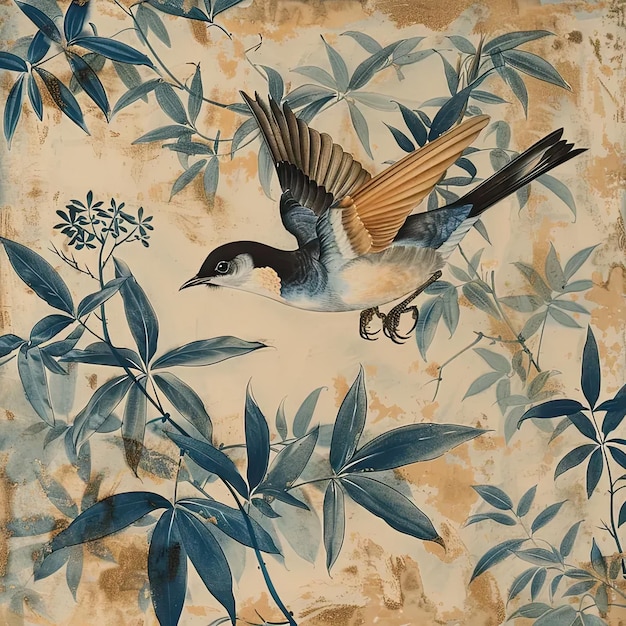 A painting of a bird sitting on a tree branch