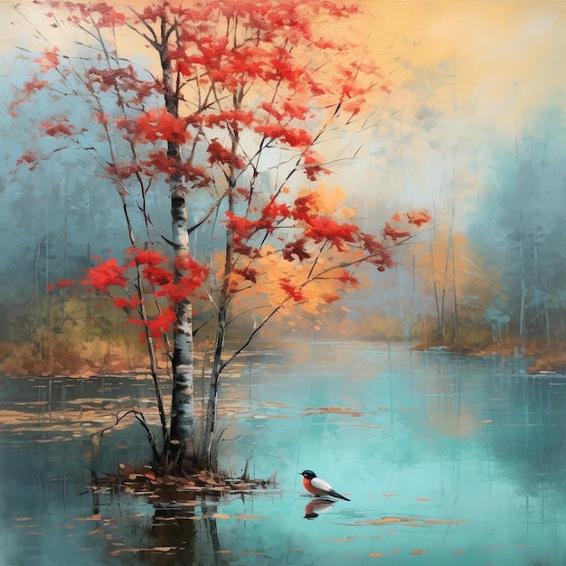 Painting of a bird sitting on a tree in a lake generative ai