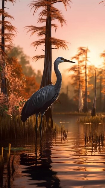 Photo painting of a bird standing in a lake with trees in the background generative ai