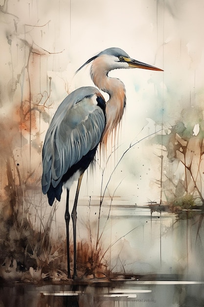 painting of a bird standing on a rock in a body of water generative ai