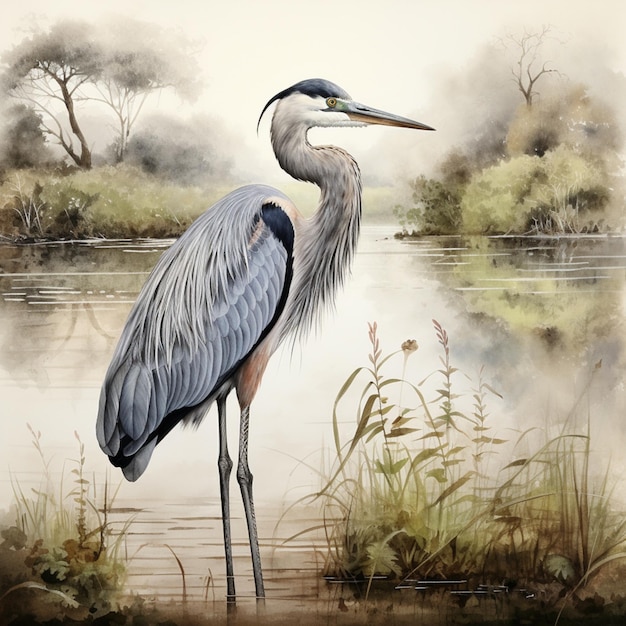 painting of a bird standing in the water near a body of water generative ai