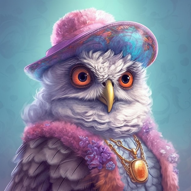 Photo painting of a bird wearing a hat and a necklace generative ai