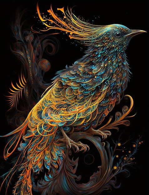 A painting of a bird with a black background and gold feathers.