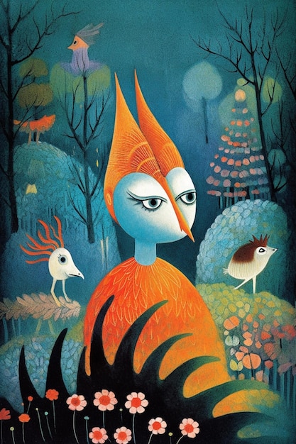 A painting of a bird with a blue background and a bird with a red head and a white head.