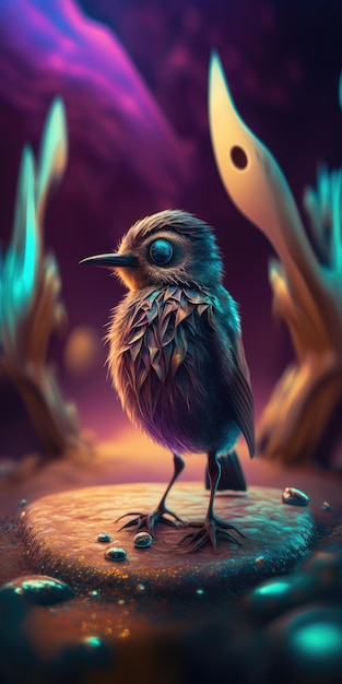 A painting of a bird with a blue eye and a yellow light in the background.