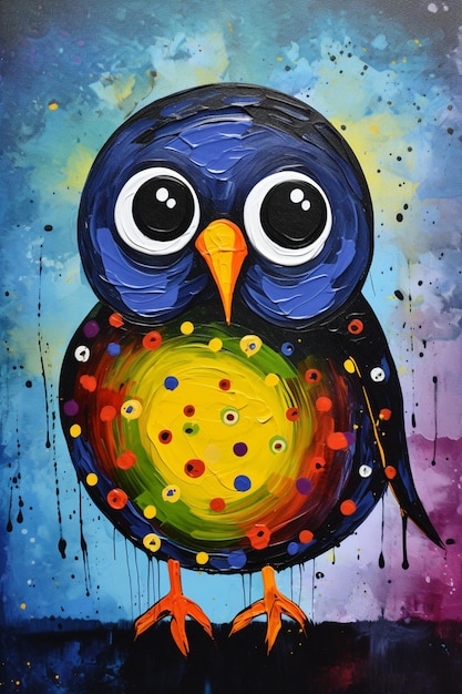 A painting of a bird with a blue face and black eyes.