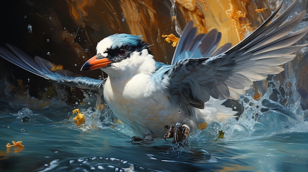 Painting of a bird with a blue head and orange beak splashing water generative ai
