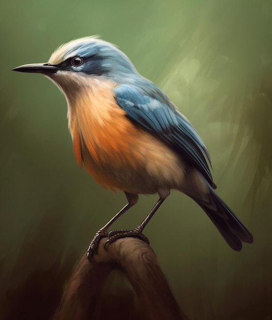 a painting of a bird with a blue head and orange feathers.