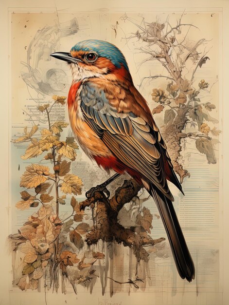 a painting of a bird with a blue head and a red beak.