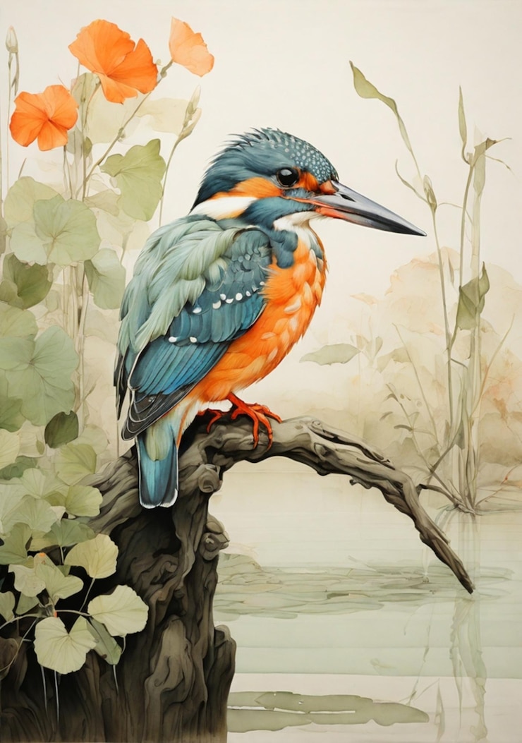 a painting of a bird with a blue and orange beak
