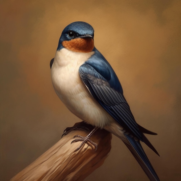 파란색과 주황색 깃털을 가진 새의 그림.