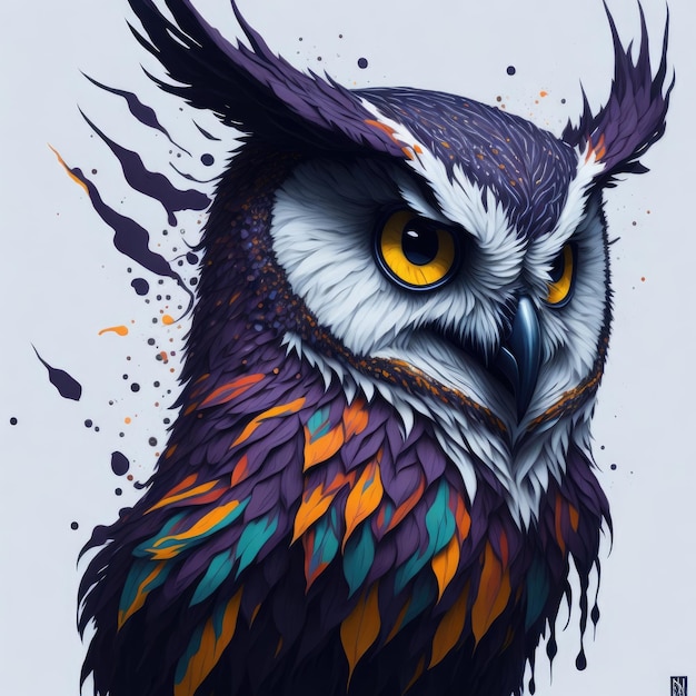 A painting of a bird with blue and yellow eyes and a black and purple face.