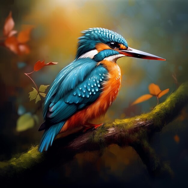 a painting of a bird with a colorful beak and leaves.